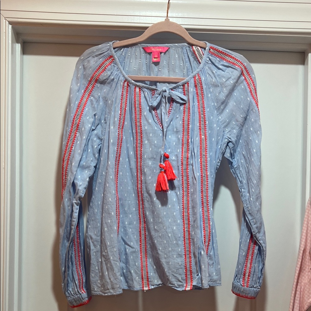 Lilly Pulitzer Light Blue Peasant Blouse with Red Tassels